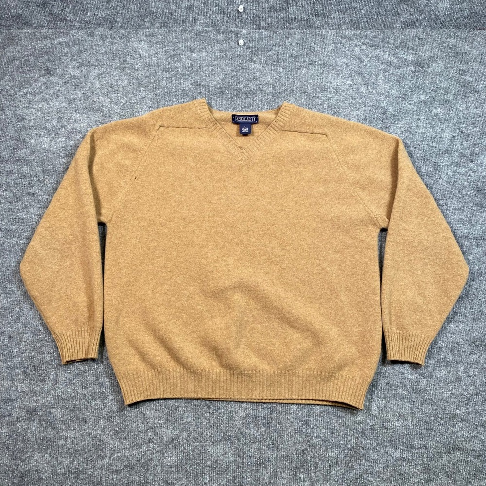 Lands End Mens V-Neck Sweater L 42-44 Camel 100% Lambswool Made in Scotland